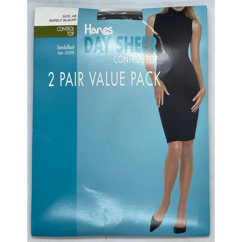 Hanes Day Sheer Size AB Barely Black Control Top Pantyhose Sandalfoot OG098 New